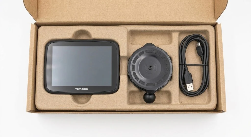 PassNav rental kit in a postal box: sat-nav, windscreen suction mount and micro-USB charging cable
